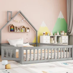 Enfant Fortuna lai Lit Rembourré 140x200cm, Lit Maison Enfant, Bois de Pin, Blanc