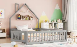 Enfant Fortuna lai Lit Rembourré 140x200cm, Lit Maison Enfant, Bois de Pin, Blanc