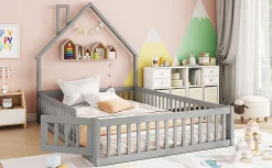 Enfant Fortuna lai Lit Rembourré 140x200cm, Lit Maison Enfant, Bois de Pin, Blanc