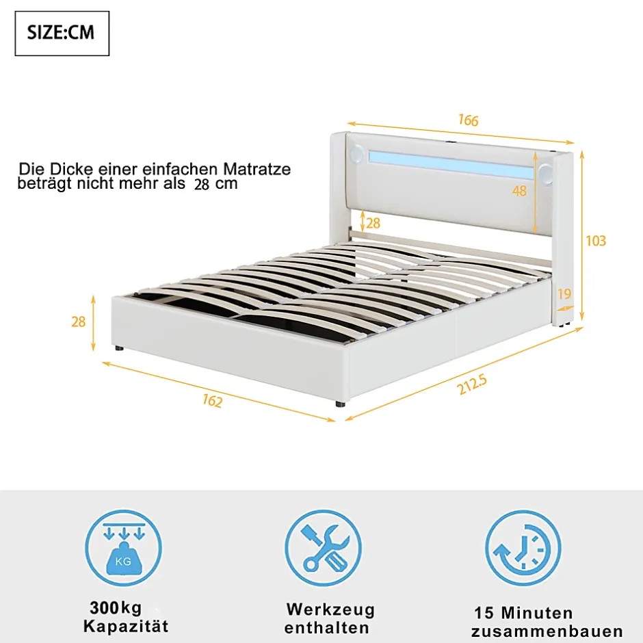Gutent Lit rembourré 160x200cm lit sommier à lattes lit barre lumineuse à led lecteur bluetooth et recharge usb lit double cuir pu blanc