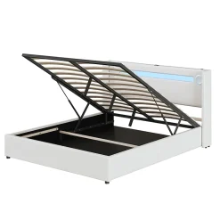 Gutent Lit rembourré 160x200cm lit sommier à lattes lit barre lumineuse à led lecteur bluetooth et recharge usb lit double cuir pu blanc