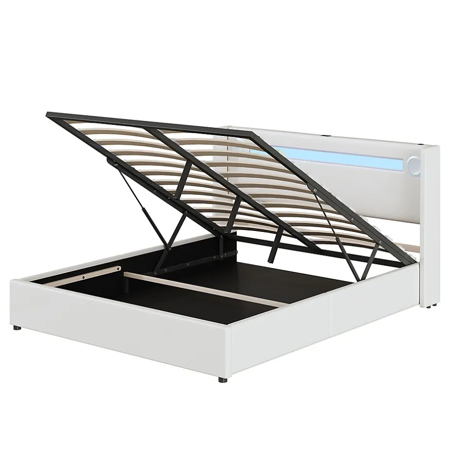 Gutent Lit rembourré 160x200cm lit sommier à lattes lit barre lumineuse à led lecteur bluetooth et recharge usb lit double cuir pu blanc