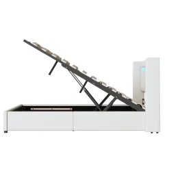 Gutent Lit rembourré 160x200cm lit sommier à lattes lit barre lumineuse à led lecteur bluetooth et recharge usb lit double cuir pu blanc