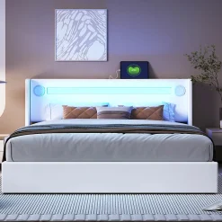 Gutent Lit rembourré 160x200cm lit sommier à lattes lit barre lumineuse à led lecteur bluetooth et recharge usb lit double cuir pu blanc