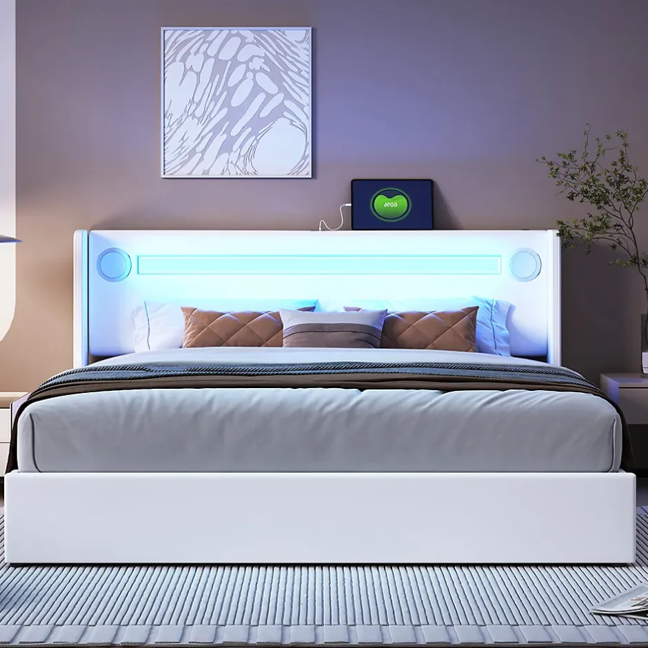 Gutent Lit rembourré 160x200cm lit sommier à lattes lit barre lumineuse à led lecteur bluetooth et recharge usb lit double cuir pu blanc