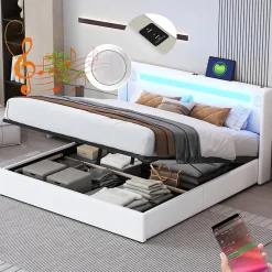 Gutent Lit rembourré 160x200cm lit sommier à lattes lit barre lumineuse à led lecteur bluetooth et recharge usb lit double cuir pu blanc