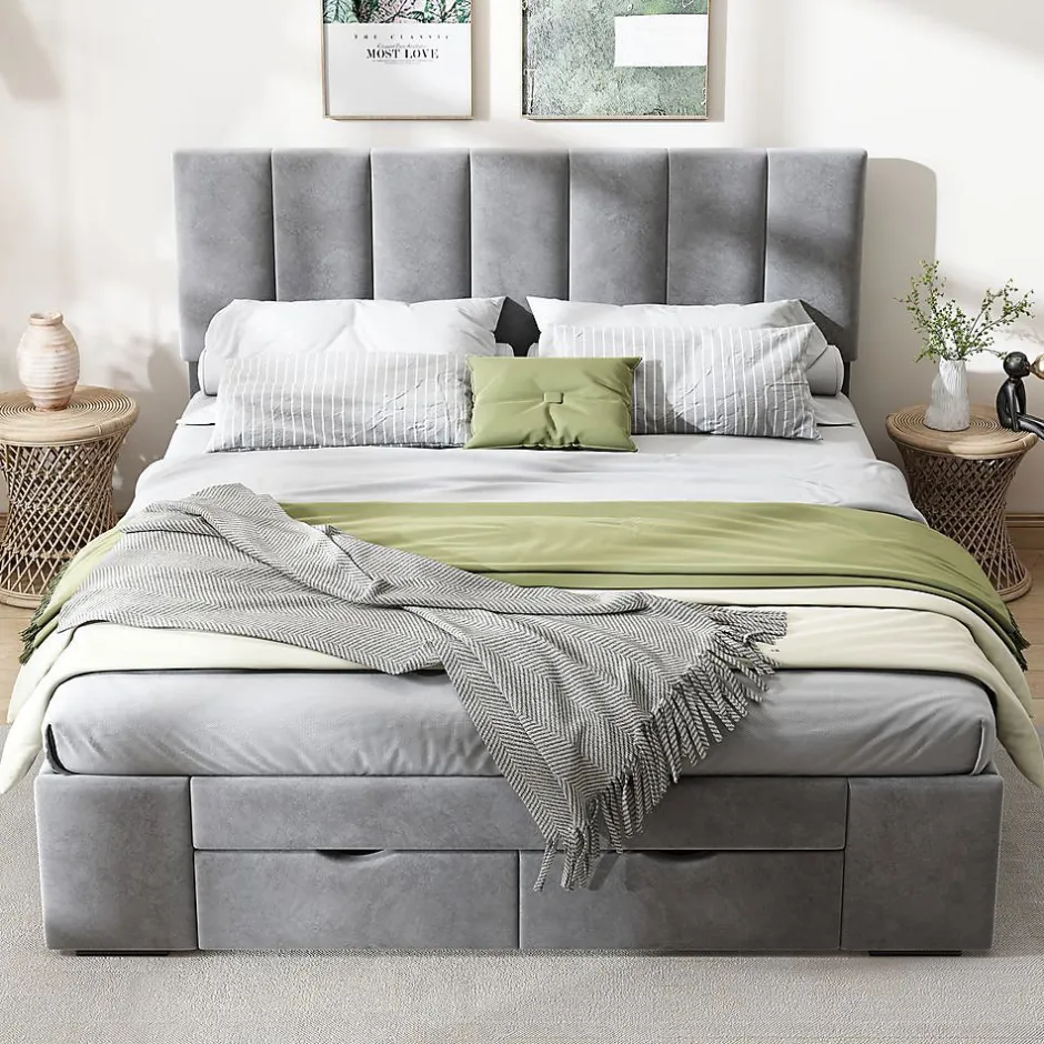 Blackcolors Lit Rembourré 140X200Cm Velours Tiroirs Gris