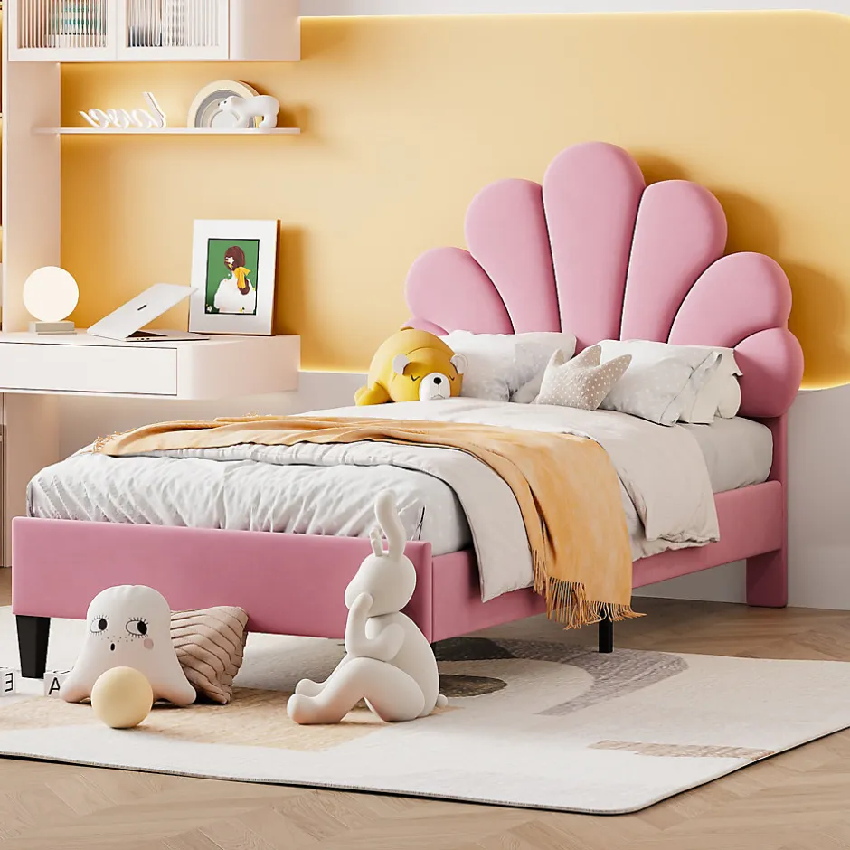 Redom Lit rembourre 90 sur 200 cm avec tete de lit fleurie en velours doux cadre avec sommier lit dappoint rose
