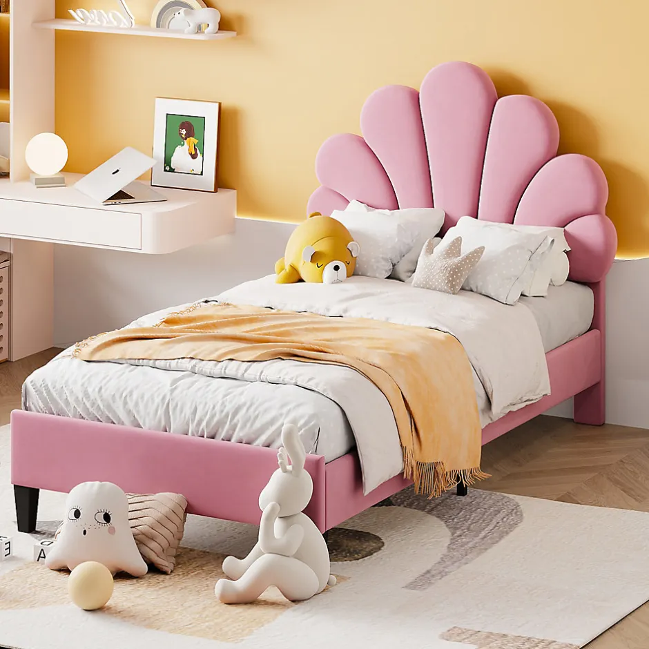Redom Lit rembourre 90 sur 200 cm avec tete de lit fleurie en velours doux cadre avec sommier lit dappoint rose
