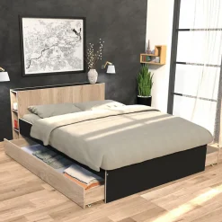 Weber Industries Lit RIGA 140x190cm + tête de lit + 2 tiroirs / Décor Noir et Chêne blanchi
