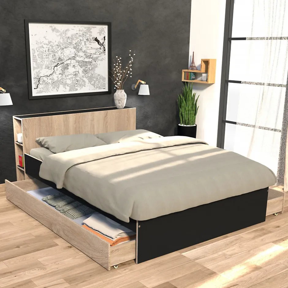 Weber Industries Lit RIGA 140x190cm + tête de lit + 2 tiroirs / Décor Noir et Chêne blanchi