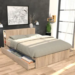 Weber Industries Lit RIGA 140x190cm + tête de lit + 2 tiroirs / Décor Chêne Blanchi Outlet