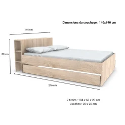 Weber Industries Lit RIGA 140x190cm + tête de lit + 2 tiroirs / Décor Chêne Blanchi Outlet