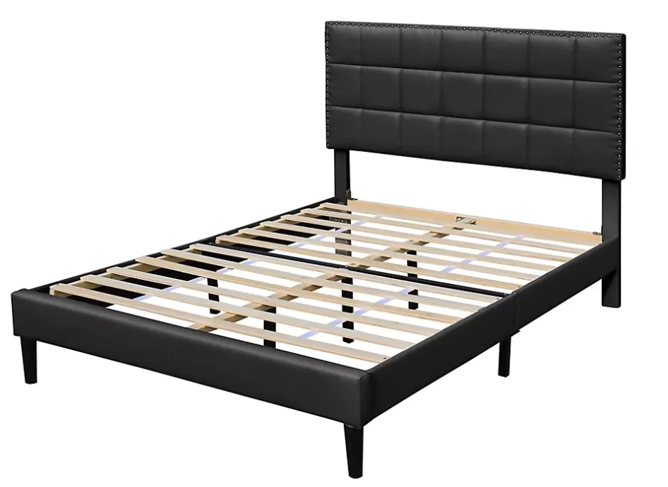 Provence Literie Lit riley pour matelas 120x200 - sommier + tete de lit capitonnee noir - pieds 16 cm pour matelas - 2 x 13 lattes - - confort - Online