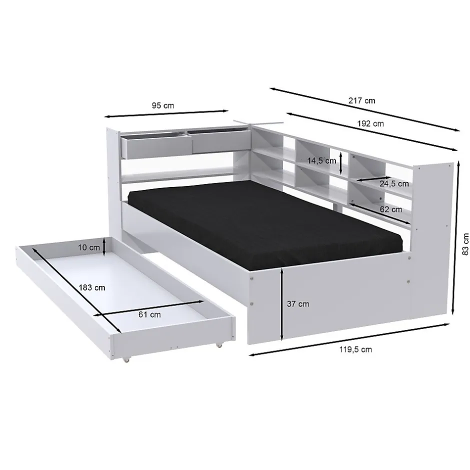 Weber Industries Lit ROLLER 90x190 + 1 sommier + 1 tiroir + étagères / Blanc