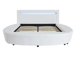 Vente-unique Lit rond 160 x 200 cm - Avec LEDs - Simili - Blanc + Matelas - ABULIS III Outlet
