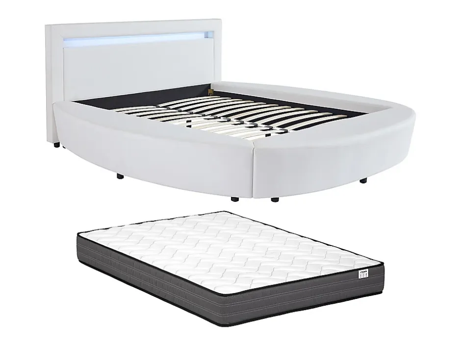 Vente-unique Lit rond 160 x 200 cm - Avec LEDs - Simili - Blanc + Matelas - ABULIS III Outlet