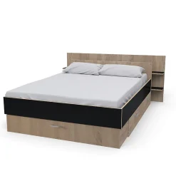Weber Industries Lit SAMBA 140x190cm + tête de lit + 2 tiroirs / Décor Noir & chêne blanchi New