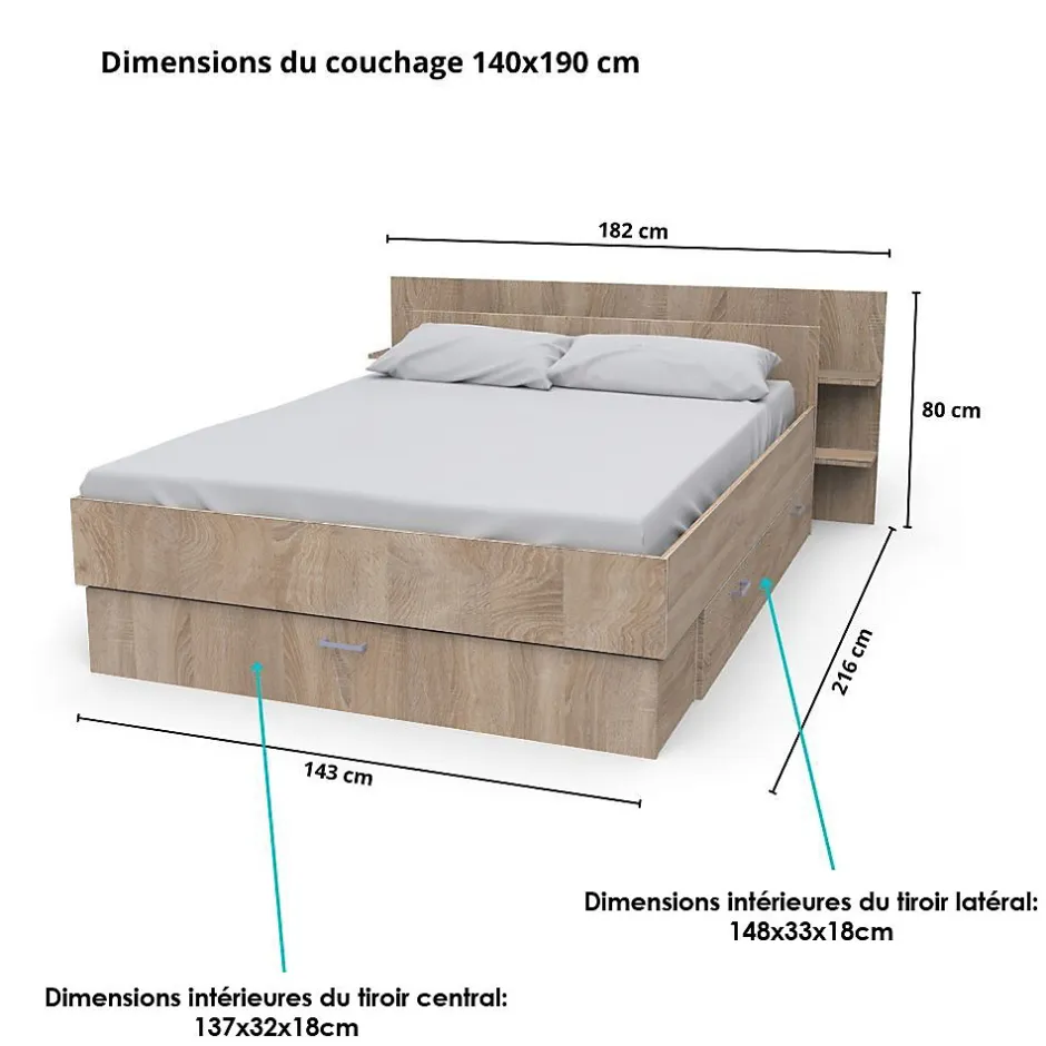 Weber Industries Lit SAMBA 140x190cm + tête de lit + 2 tiroirs / Décor Chêne blanchi