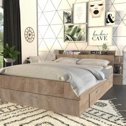Weber Industries Lit SAMBA 140x190cm + tête de lit + 2 tiroirs / Décor Chêne blanchi
