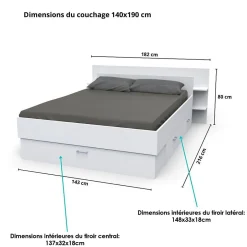 Weber Industries Lit SAMBA 140x190cm + tête de lit + 2 tiroirs / Blanc