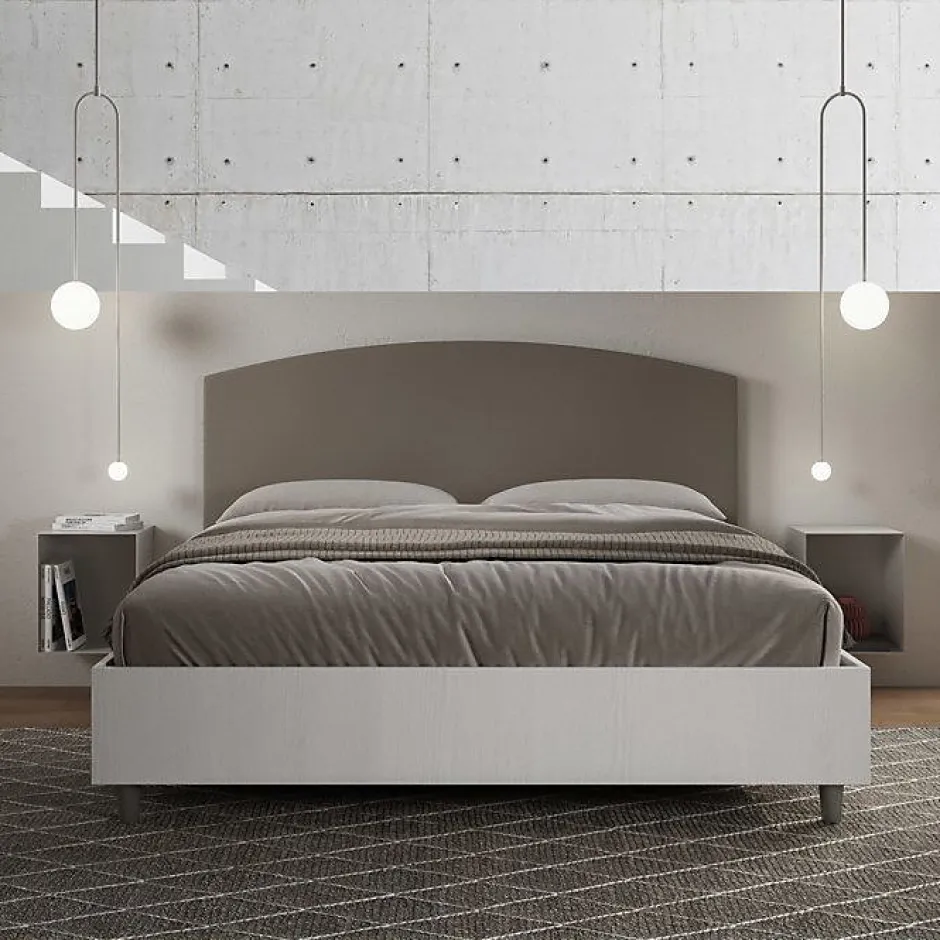 Ityhome Lit sans sommier 160x200 tête de lit structure frêne blanc Antilia mélamine/simili cuir cappuccino