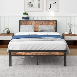 Okwish Lit Simple - Lit Métal 120x200 cm avec Tête de Lit et Rangement pour Ado - MDF et Métal - Marron - sans Matelas Online