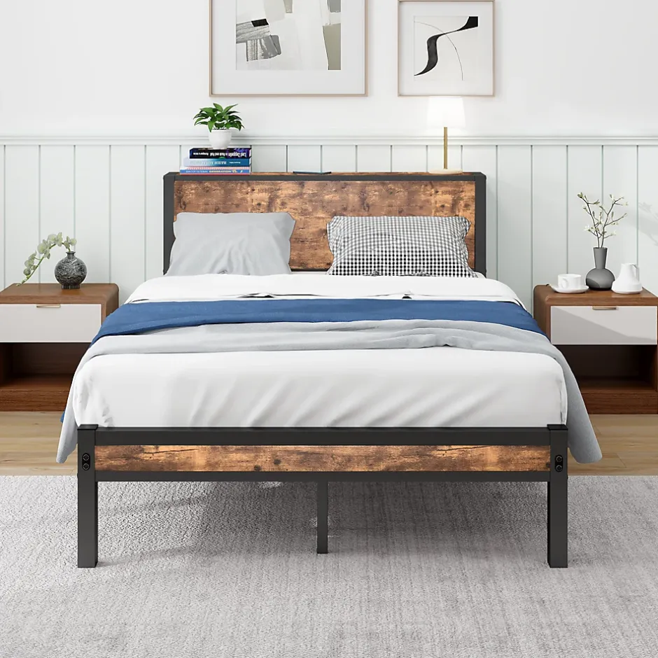 Okwish Lit Simple - Lit Métal 120x200 cm avec Tête de Lit et Rangement pour Ado - MDF et Métal - Marron - sans Matelas Online