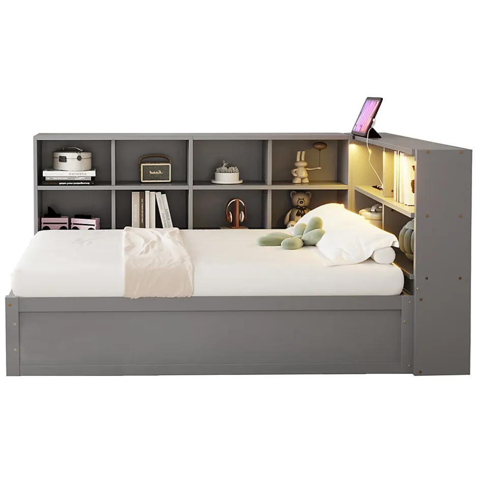 Redom Lit simple 90 par 200 cm en bois massif avec prises multiples rangements et barre lumineuse systeme hydraulique gris