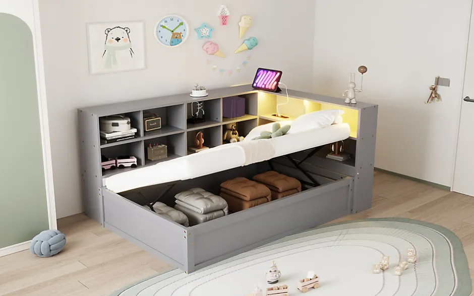 Redom Lit simple 90 par 200 cm en bois massif avec prises multiples rangements et barre lumineuse systeme hydraulique gris
