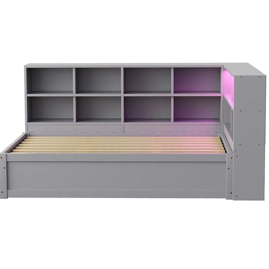 Redom Lit simple 90 par 200 cm en bois massif avec prises multiples rangements et barre lumineuse systeme hydraulique gris