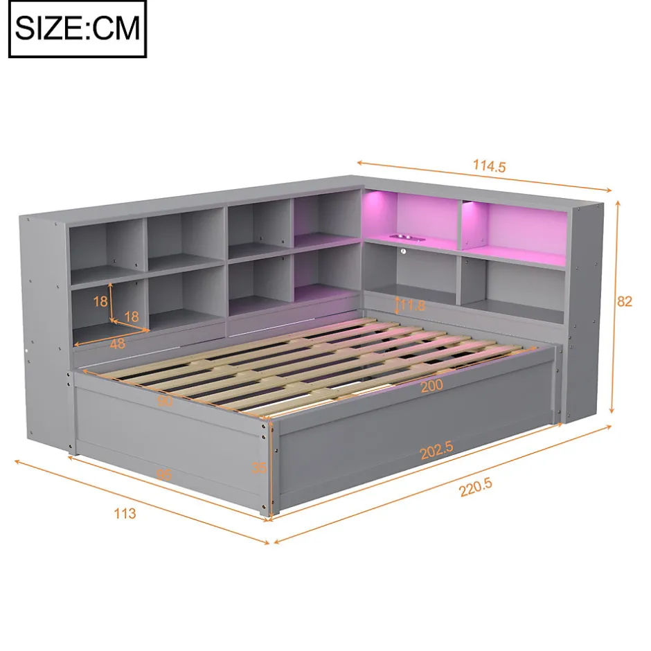Redom Lit simple 90 par 200 cm en bois massif avec prises multiples rangements et barre lumineuse systeme hydraulique gris