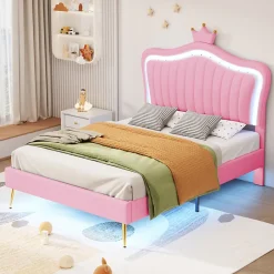Redom Lit simple 90 sur 200 cm cadre en PU cuir rose style couronne avec LED sommier et tête de lit matelas non inclus