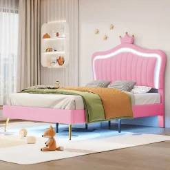 Redom Lit simple 90 sur 200 cm cadre en PU cuir rose style couronne avec LED sommier et tête de lit matelas non inclus