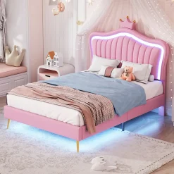 Redom Lit simple 90 sur 200 cm cadre en PU cuir rose style couronne avec LED sommier et tête de lit matelas non inclus