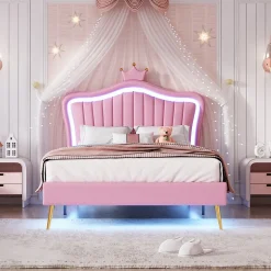 Redom Lit simple 90 sur 200 cm cadre en PU cuir rose style couronne avec LED sommier et tête de lit matelas non inclus