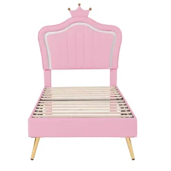 Redom Lit simple 90 sur 200 cm cadre en PU cuir rose style couronne avec LED sommier et tête de lit matelas non inclus