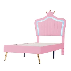 Redom Lit simple 90 sur 200 cm cadre en PU cuir rose style couronne avec LED sommier et tête de lit matelas non inclus
