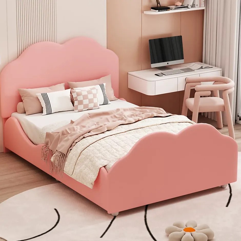 Redom Lit simple 90 sur 200 cm cadre avec barrières tête et pied en forme de nuage en velours doux rose Sale