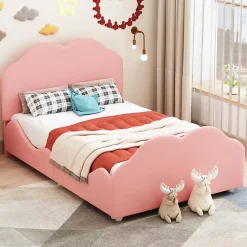 Redom Lit simple 90 sur 200 cm cadre avec barrières tête et pied en forme de nuage en velours doux rose Sale