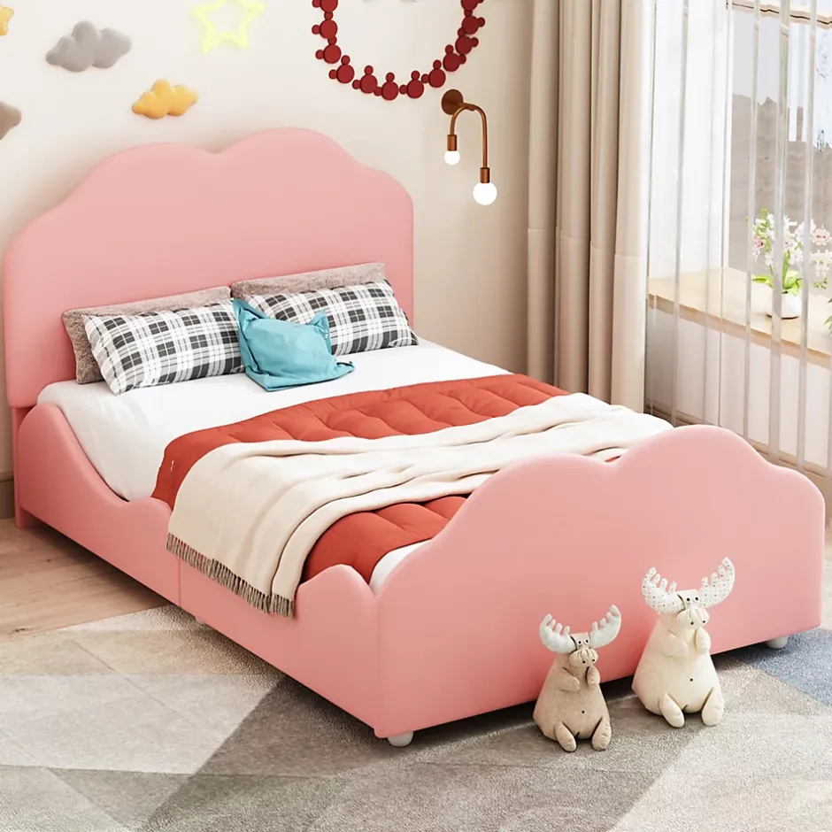 Redom Lit simple 90 sur 200 cm cadre avec barrières tête et pied en forme de nuage en velours doux rose Sale