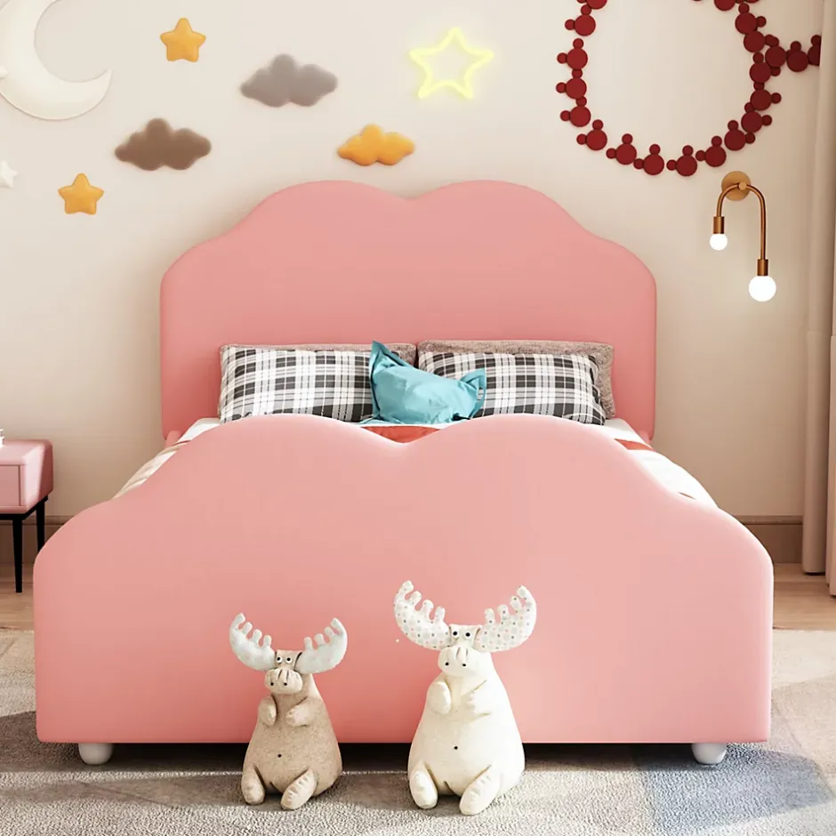 Redom Lit simple 90 sur 200 cm cadre avec barrières tête et pied en forme de nuage en velours doux rose Sale