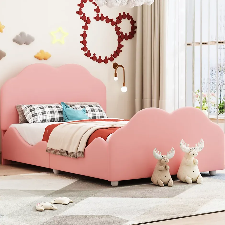 Redom Lit simple 90 sur 200 cm cadre avec barrières tête et pied en forme de nuage en velours doux rose Sale