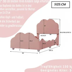 Redom Lit simple 90 sur 200 cm cadre avec barrières tête et pied en forme de nuage en velours doux rose Sale
