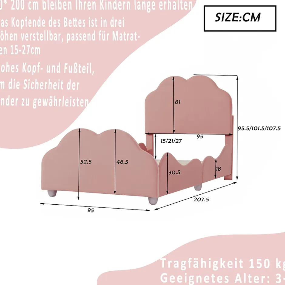 Redom Lit simple 90 sur 200 cm cadre avec barrières tête et pied en forme de nuage en velours doux rose Sale