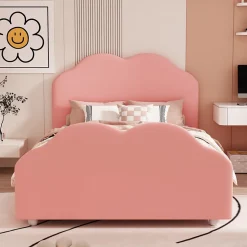 Redom Lit simple 90 sur 200 cm cadre avec barrières tête et pied en forme de nuage en velours doux rose Sale