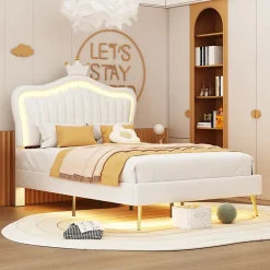 Redom Lit simple 90 sur 200 cm cadre en PU cuir blanc style couronne avec LED sommier et tête de lit matelas non inclus