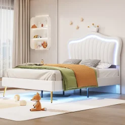 Redom Lit simple 90 sur 200 cm cadre en PU cuir blanc style couronne avec LED sommier et tête de lit matelas non inclus