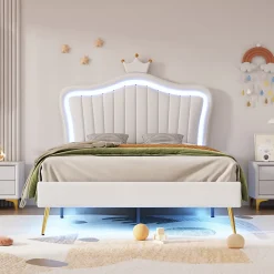 Redom Lit simple 90 sur 200 cm cadre en PU cuir blanc style couronne avec LED sommier et tête de lit matelas non inclus