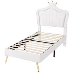Redom Lit simple 90 sur 200 cm cadre en PU cuir blanc style couronne avec LED sommier et tête de lit matelas non inclus